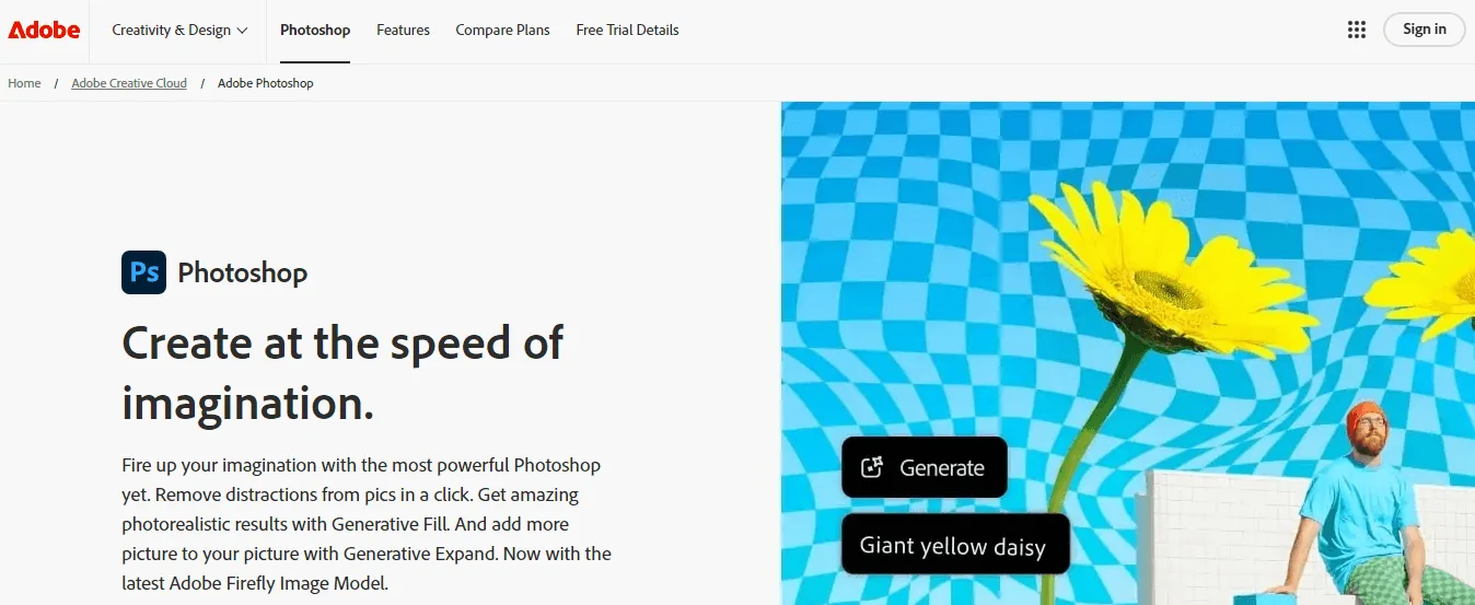 Screenshot of the Adobe Photoshop homepage