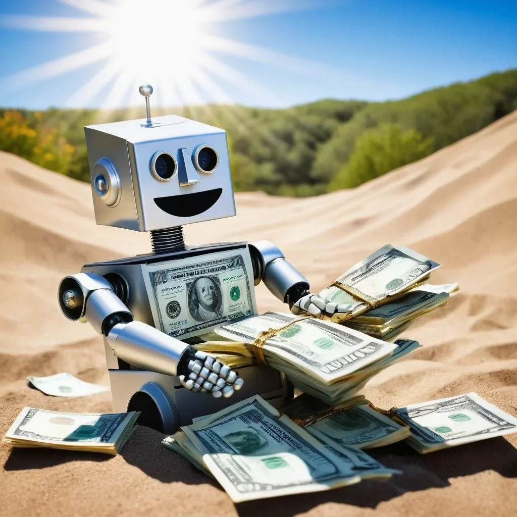 robot sat on a beach counting money on a sunny day
