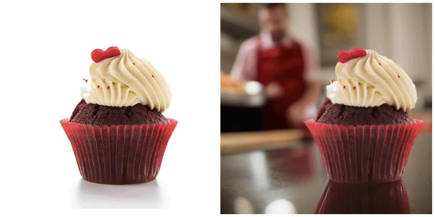 Before and after: red velvet cupcake with cream frosting on a white background, then the same cupcake in a bakery setting with a baker behind the counter
