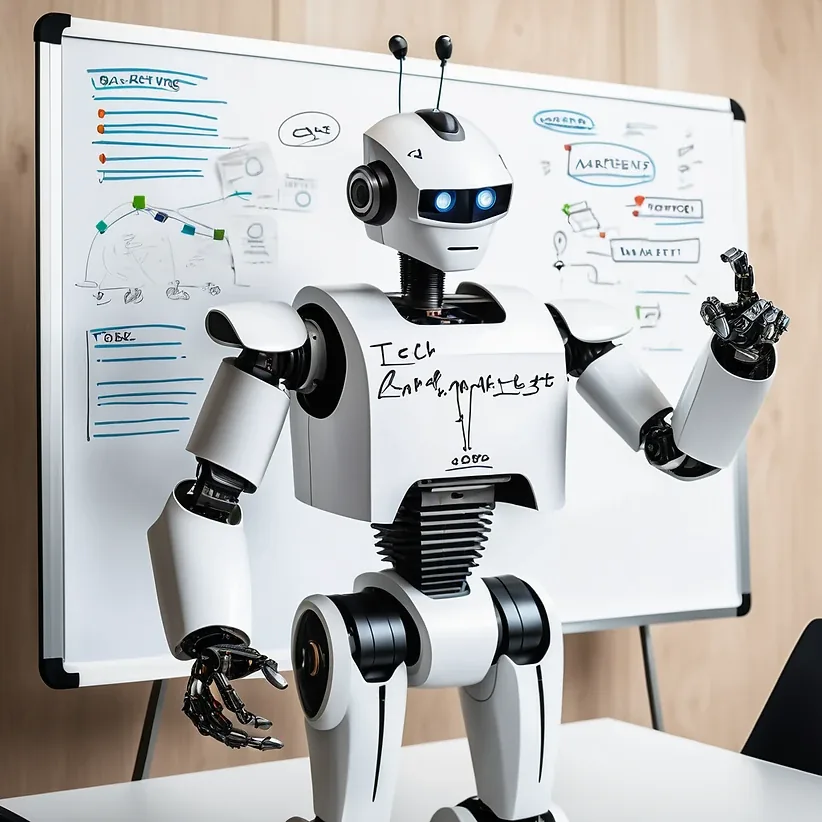 robot giving a presentation in from on a white board