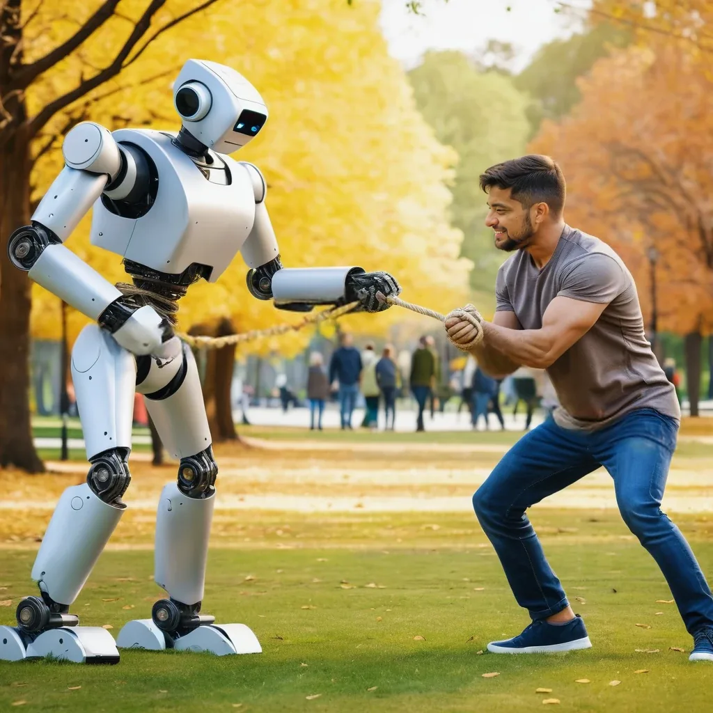 Robot vs man in a friendly tug of war, representing the AI vs human debate