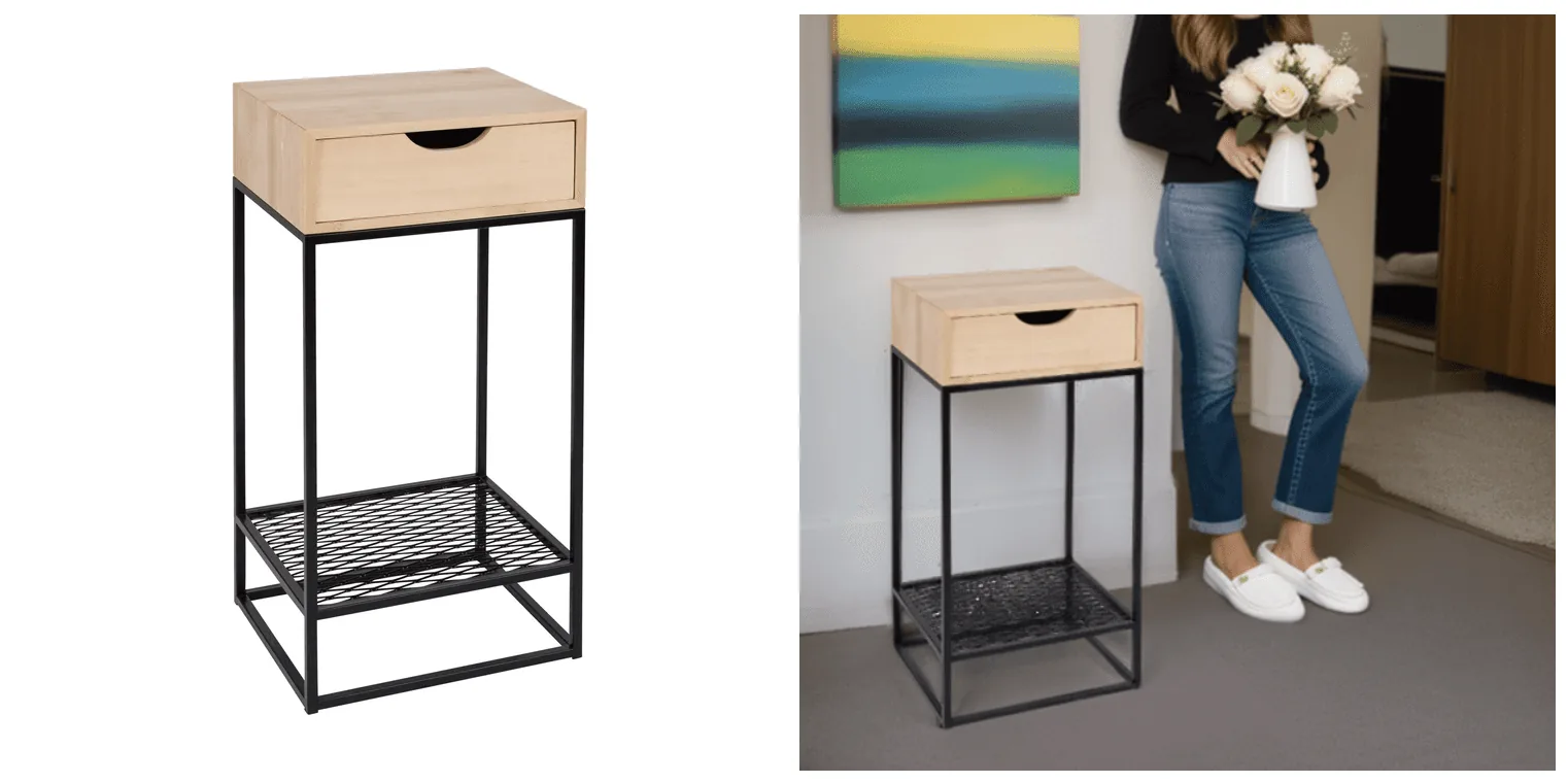before and after image of shoe drawer on a white background followed by a lifestyle photo with a woman holding plants in the background